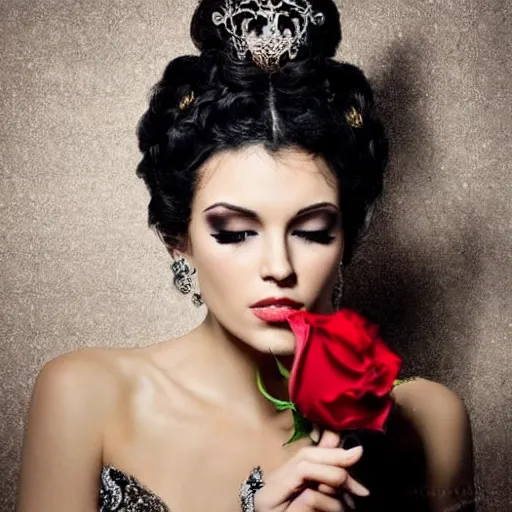 Prompt: a beautiful woman in a dress holding a rose against the backdrop of a dark night. she looks like a queen from ancient times.