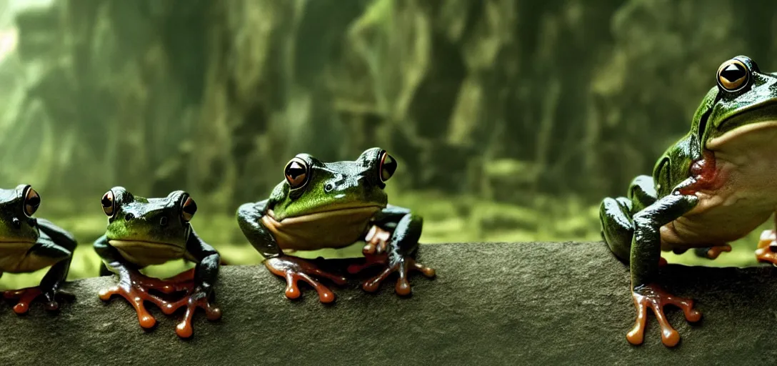 Prompt: frogs as the main characters in the 2 0 0 1 lord of the rings, cinematic still, action shot, 8 k hdr