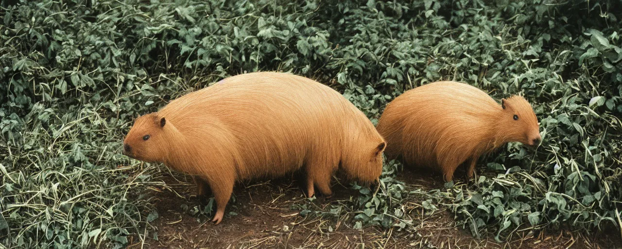 Prompt: one single capybara eating spaghetti from a bush, in the style of national geographic, canon 5 0 mm, film, kodachrome, retro, muted