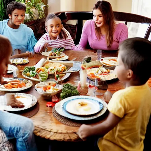 Image similar to an image of a large traditional family sitting around the table for dinner but one of the kids is floating above the table.