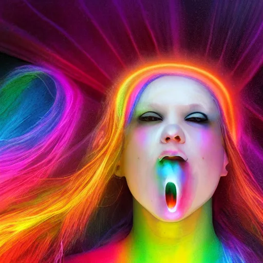 Image similar to beautiful albino woman vomiting rainbows, unral engine octane, colorful, darkart