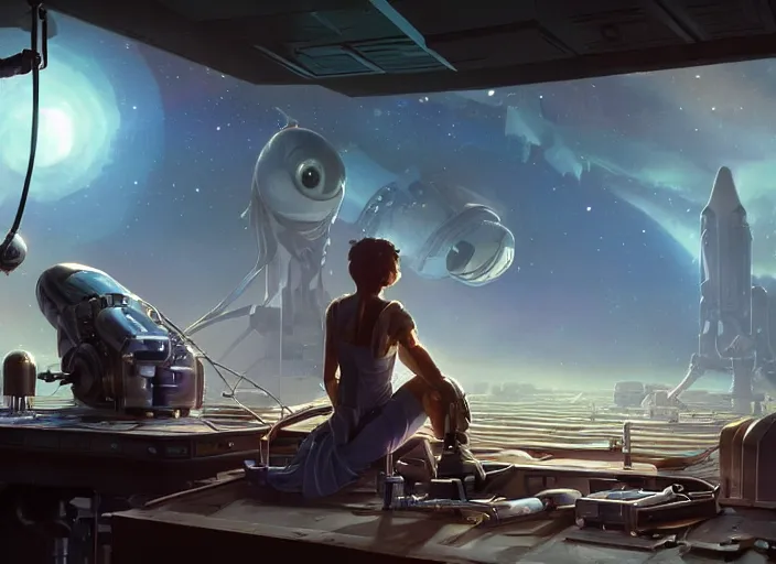 Prompt: alien space cat sleeping on a mechanics workbench in a spaceport with their android owner repairing a ship in the background in a space opera ghibli animated film, volumetric lighting, octane render by stanley artgerm lau, greg rutkowski, thomas kindkade, alphonse mucha, loish, norman rockwel, highly detailed