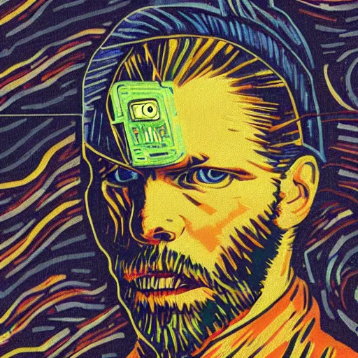 Image similar to Illustrated by Shepard Fairey and Greg Rutkpwski | Cyberpunk Van Gogh with VR helmet, surrounded by cables