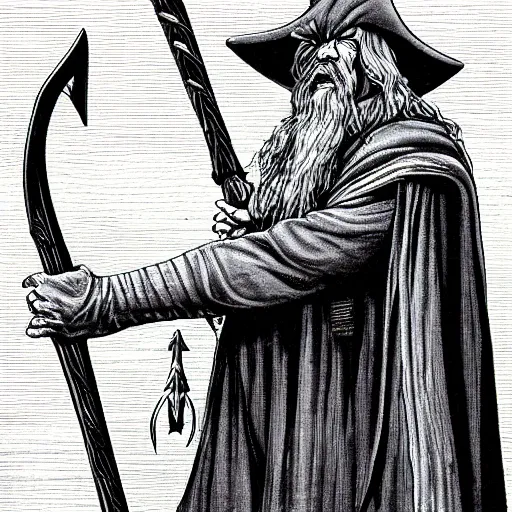 Image similar to frontal portrait of gandalf swinging a huge battle axe| d&d | larry elmore |