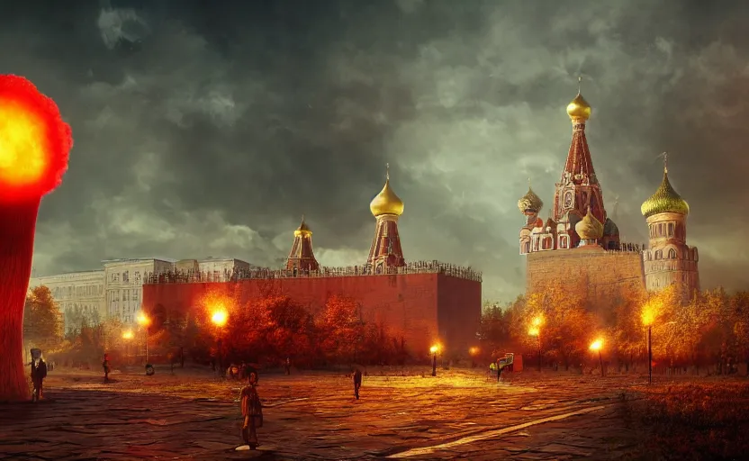 Image similar to nuclear explosion with realistic nuclear mushroom in Red Square Kremlin, cinematic shot, extremely high detail, photo realistic, cinematic lighting, post processed, artstation, matte painting, digital painting