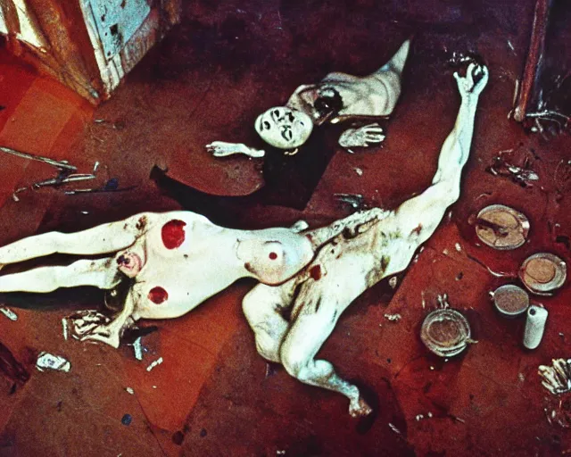 Image similar to overhead image of a dead couple in style of Francis Bacon and Egon Schiele and Willem de kooning, interior room with a pool of blood and stray dog barking, messy living room with beer cans on the floor. Art by Henry Clarke, Still from 1982 movie The Thing. Beksiński Masterpiece