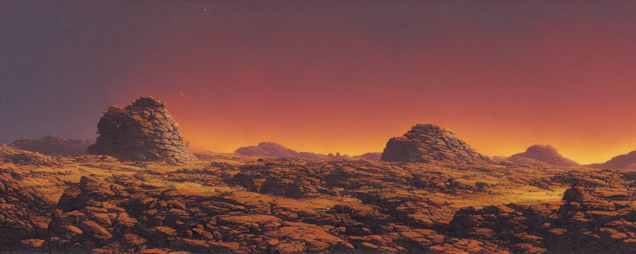 Prompt: A barren craggy landscape with mountainous buttes and spiral tors, with a cloudy yellow orange sky: There is a high tech research facility in the foreground, with a large alien portal in the background, by Bruce Pennington