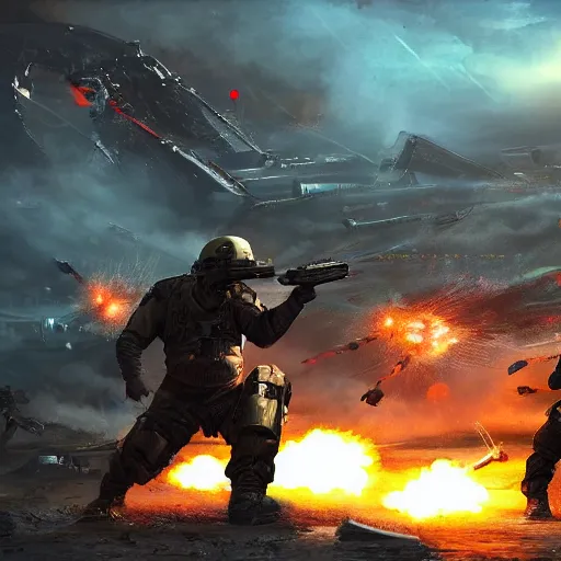 Prompt: science - fiction futuristic apocalyptic war scene with explosions, soldiers shooting