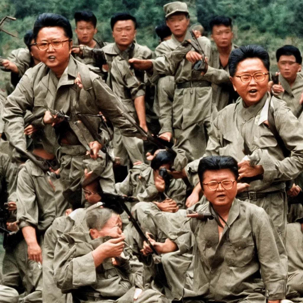 Image similar to filmstill of Kim Jong-il in the role of Rambo, cinemascope, Eastman Color Negative 50T 5251 Neg. Film