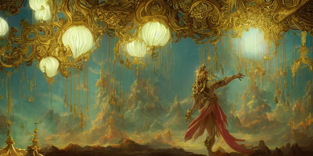 Prompt: painting of a god of wind enjoying his ornate heavenly palace, decorated with windchimes and paper lanterns, stunning green nature in background, spacious palace, digital art trending on artstation