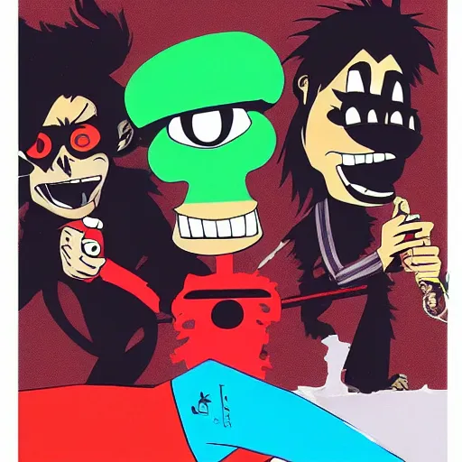 Prompt: gorillaz, official art by Jamie Hewlett, 2D Murdoc Noodle Russel