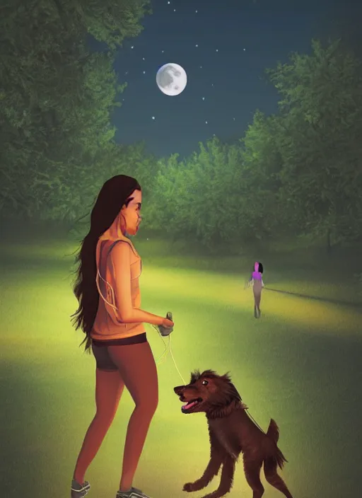 Image similar to young beautiful brown woman walking her dog in a park at night with a full moon, illustration, photoreal, fantasy