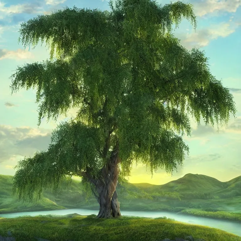 Prompt: featured on artstation majestic dark green willow tree overlooking swirling river valley at sunset, beautiful image stylized digital art