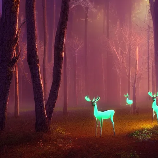 Image similar to deer in an ethereal forest made from glowing circuits and electronics, highly detailed concept art, 3 d, volumetric lighting