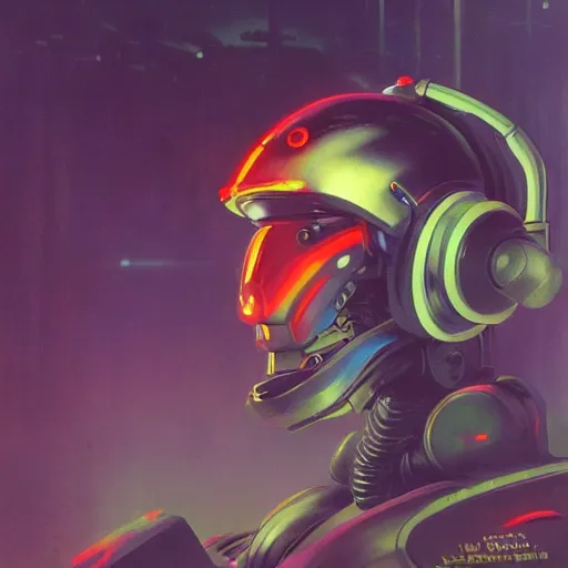 Image similar to a dark and colorful close - up side profile portrait of a sci - fi mecha robot with headphones, led lights glowing fog in the background. highly detailed science fiction painting by norman rockwell, frank frazetta, and syd mead. rich colors, high contrast, gloomy atmosphere, dark background. trending on artstation