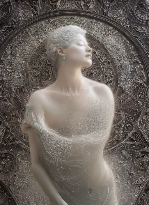 Image similar to opalescent marble sculpture of beautiful woman dissolving into shimmering dust, diaphanous, ivory carving, pearlescent, caustics, fractal paisley inlay, lace, intricate, elegant, highly detailed, smooth, sharp focus, mucha, digital photography, by ruan jia and greg rutkowski