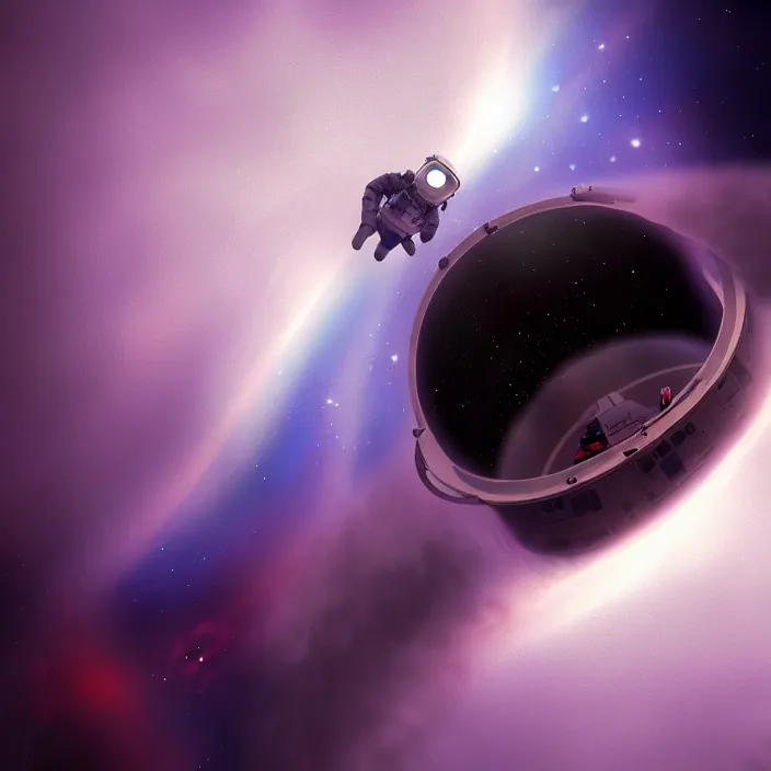 Image similar to pov of astronaut, flying into black hole, concept art, rendering, photorealism, volumetric lighting, movie still