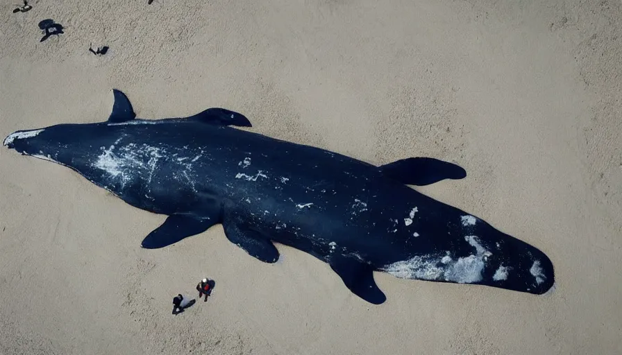 Image similar to astronaut suit in the shape of a whale, washed up on the beach. cnn news footage taken from above.