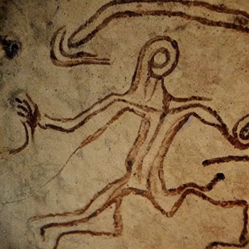 Image similar to an alien, cave paintings, pre - historic, lascaux, primitive, cave art style