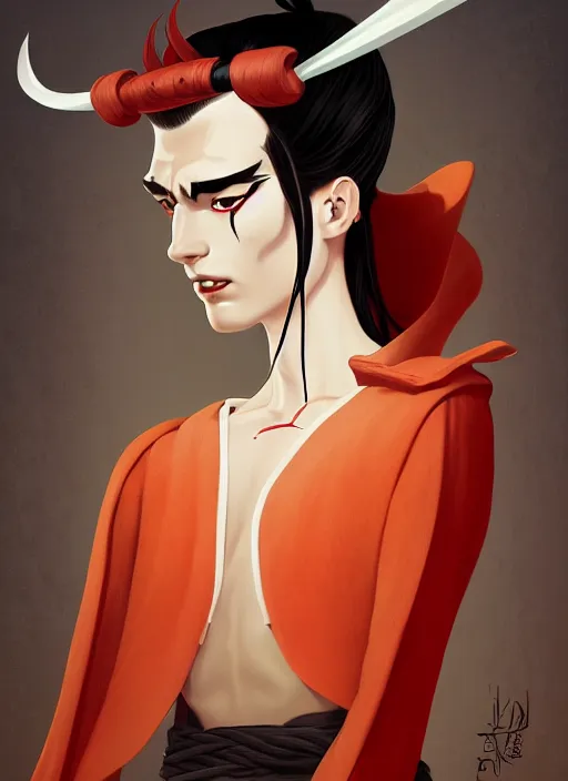 Prompt: formal portrait of samurai jack hughes, digital art by eugene de blaas, ross tran, and nasreddine dinet, vibrant new jersey devils color scheme, intricately detailed, in the style of romanticism. artstation, greg rutkowski