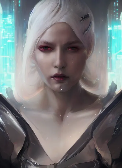 Prompt: a beautifull girl with white hair, futuristic digital painting, cyberpunk, 8 k, hyper detailed, octane render, concept art, by peter mohrbacher, by wlop, by ruan jia, by ross tran,