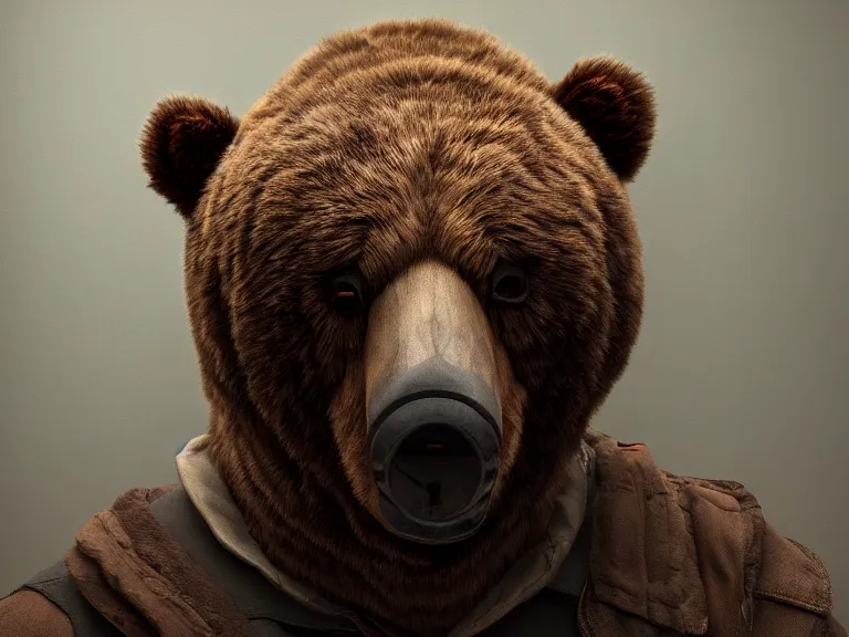 Image similar to Sad man puts on a bear mask, RPG Reference, Oil Painting, Trending on Artstation, octane render, Insanely Detailed, 8k, HD