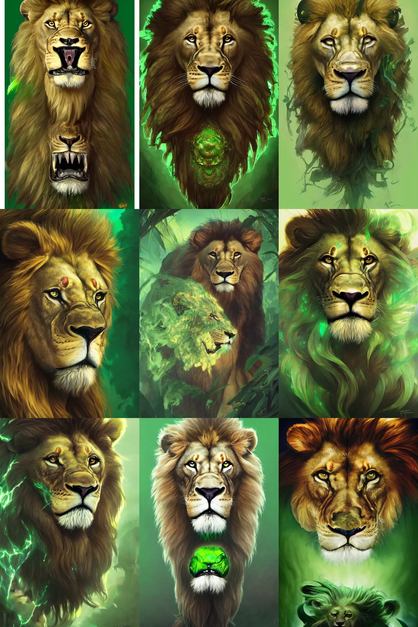 Prompt: ultra realistic illustration, fantasy lion face against a green back for chroma key by artgerm and greg rutkowski and alphonse mucha, medium shot, long shot, constant green background, trending on artstation