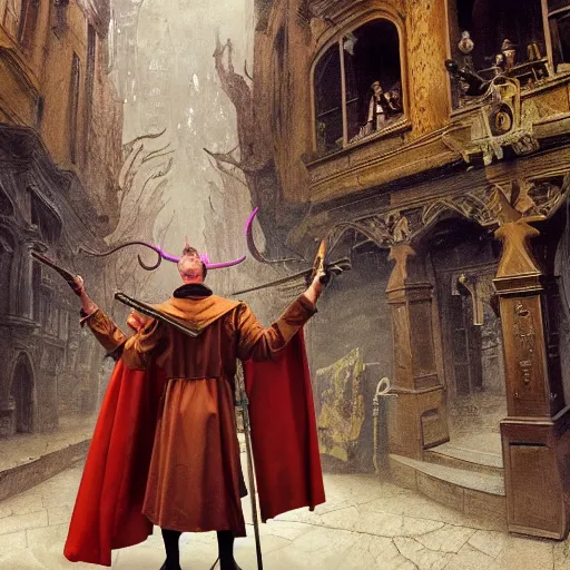 Prompt: an extremely detailed matte painting of a horned demon cleric dressed in a catholic priest's cassock, preaching in a fantasy city, tiefling from d & d carrying a large wooden cross, fantasy, fantasy tavern background, 4 k, artstation, detailed, realistic, by alphonse mucha and greg rutkowski