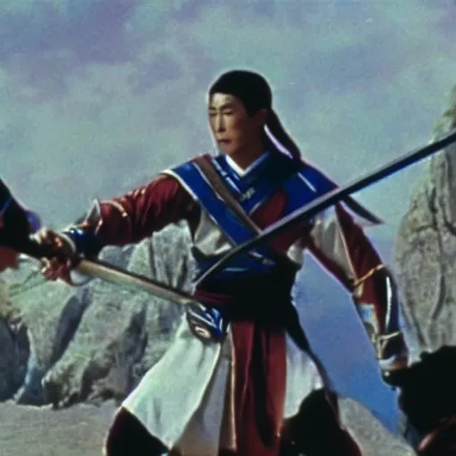 Image similar to xianxia fantasy, french swordsman fighting chinese swordsman, xuanhuan martial artist fighting european knight, chinese swordsman fighting medieval european swordsman, fantasy, wuxia, pseudo - medieval fantasy, cinematic, 1 9 8 6 movie screenshot