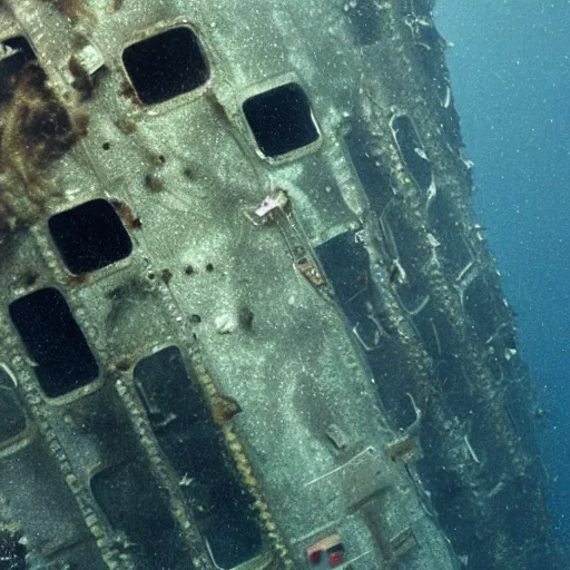 Prompt: the wreck of a Space Shuttle on the bottom of the sea, under water photography, spooky