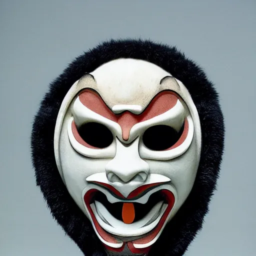 Image similar to Japanese demon mask designed by Rick Owens, 35mm film, photograph