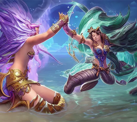 Image similar to two mermaids fistbumping in midair crepuscular rays behind fistbump, whimsical, dungeons and dragons, league of legends splash art, heroes of the storm splash art, hearthstone splash art, world of warcraft splash art, overwatch splash art, art by artgerm, art by alphonse mucha, intricately detailed, highly detailed, trending on artstation,