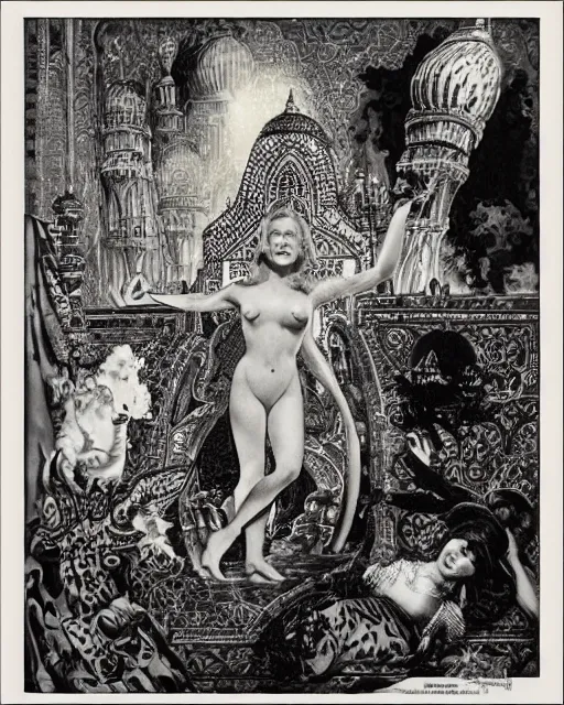 Prompt: tuesday weld visits the taj mahal by virgil finlay and basil gogos and francine van hove, bbwchan