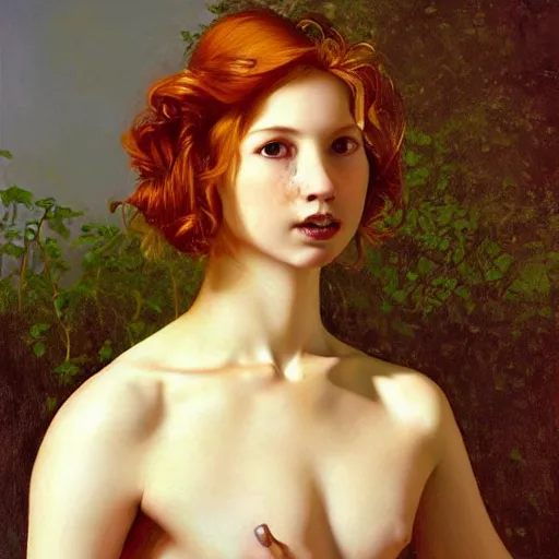 Image similar to a highly detailed, hyper realistic portrait with torso of a red haired young woman, among wonderful golden fireflies, long hair, green eyes, hint of freckles, round gentle face, cheeky smile, white romantic dress with intricate details, deep focus, elegant, smooth, sharp, golden ratio, digital painting, art by artemisia lomi gentileschi and caravaggio