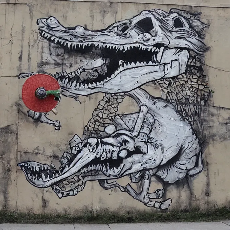 Prompt: Street-art painting of funny crocodile-skeleton in style of Banksy, comic character, cute skeleton, cartoon style, photorealism