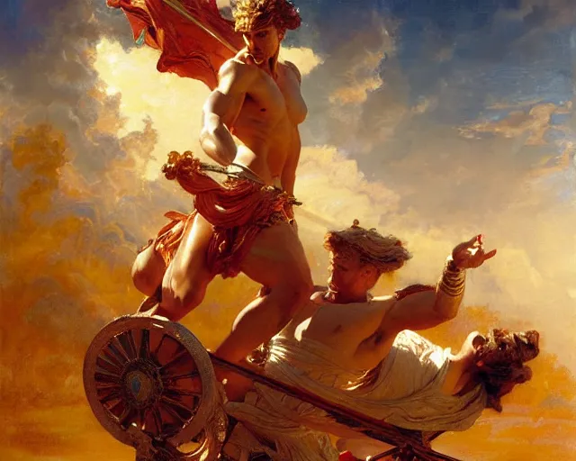 Image similar to attractive apollo greek god, riding his fire chariot. highly detailed painting by gaston bussiere, craig mullins, j. c. leyendecker 8 k