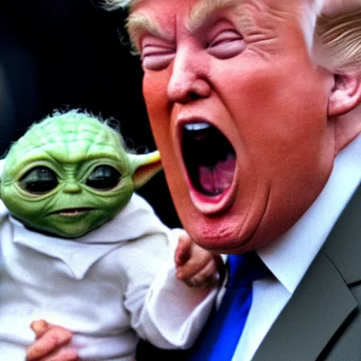 Prompt: donald trump screaming at baby yoda