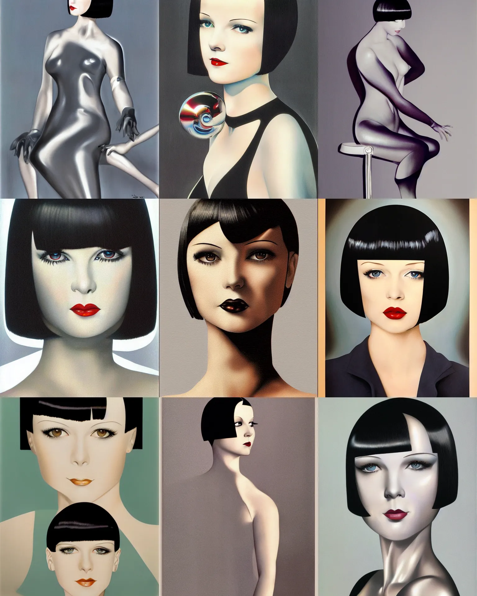 Prompt: mary louise brooks made from chrome, bob haircut, airbrush art by hajime sorayama