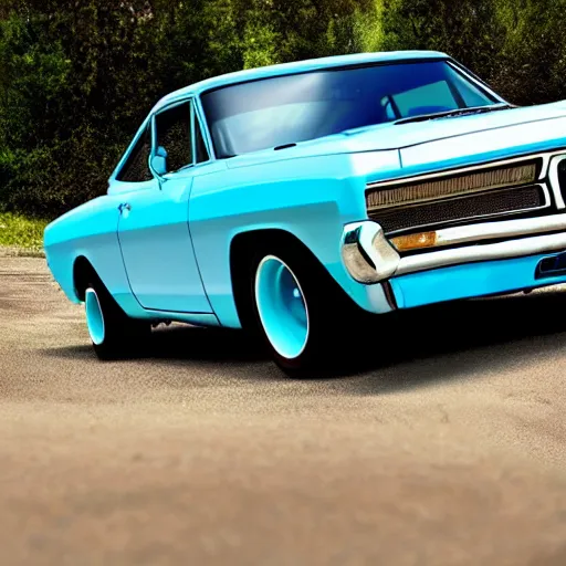 Prompt: A realistic photo of a beater Powder Blue Dodge Aspin