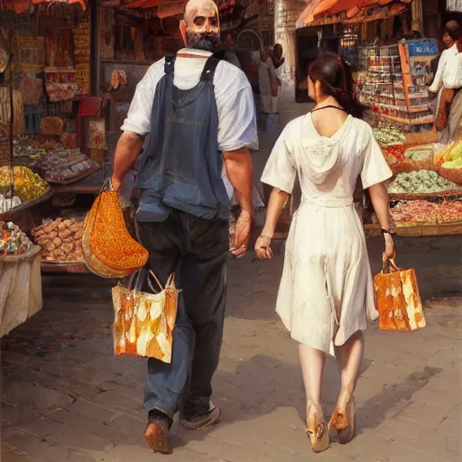 Image similar to a beautiful portrait painting of a couple shopping in a sunny market in north africa, masterpiece by famous artist nasreddine dinet and eugene de blaas and greg rutkowski and artgerm and wlop, path tracing, intricate, elegant, highly detailed, digital painting, artstation, concept art, smooth, sharp focus