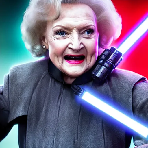 Image similar to betty white in'star wars'as a sith lord fighting storm troopers, full body, cinematic scene, cinematic lighting, 1 4 mm