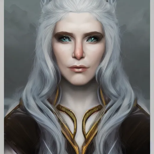 Image similar to portrait of a female half - elf gloura with white skin, white hair, white eyes, short wavy hair, gray spots on cheeks, trending on artstation, fantasy portrait