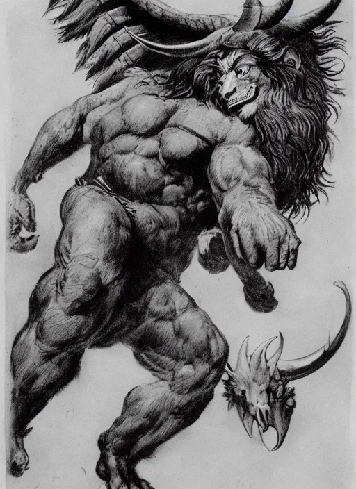 Image similar to a creature with the body and eyes of a man, with the beak of an eagle, the mane of a lion, and the horns of an ox. drawn by frank frazetta