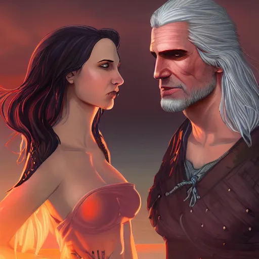 Prompt: Portrait of Geralt of Rivia and Yennefer of Vengerberg in bathing suits at the beach, character design, fantasy, cartoon, bright atmospheric lighting, highly detailed, ArtStation, trending on ArtStation, by Matthew Orders