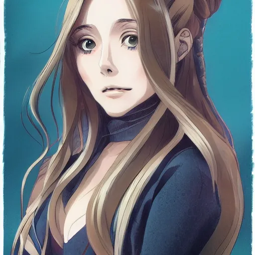 Image similar to Anime portrait of Elizabeth Olsen sitting down on a chair, trending on artstation, 4k, 8k, anime art, anime style