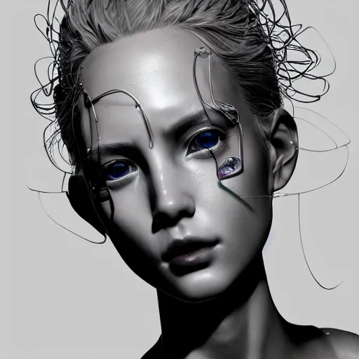 Image similar to the portrait of an absurdly beautiful, graceful, sophisticated, fashionable cyberpunk gravure idol, an ultrafine hyperdetailed illustration by kim jung gi, irakli nadar, matt wisniewski, intricate linework, iridescent wiring, porcelain skin, unreal engine 5 highly rendered, global illumination, radiant light, detailed and intricate environment