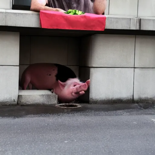 Prompt: Pig man eating from a trough outside a bank