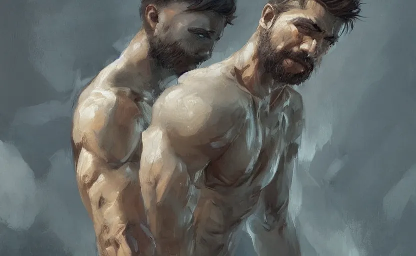 Image similar to a painting of arkul trending on artstation in the style of greg rutkowski, beautiful, male, sensual, natural skin, muscular, stubble, warrior, tattoos