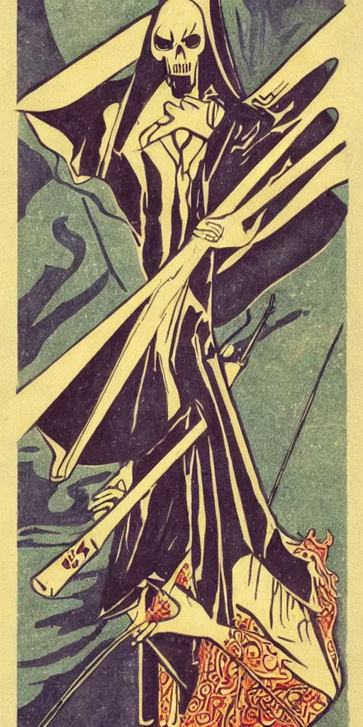 Image similar to an art deco illustration of the grim reaper on a tarot card with an elegant border