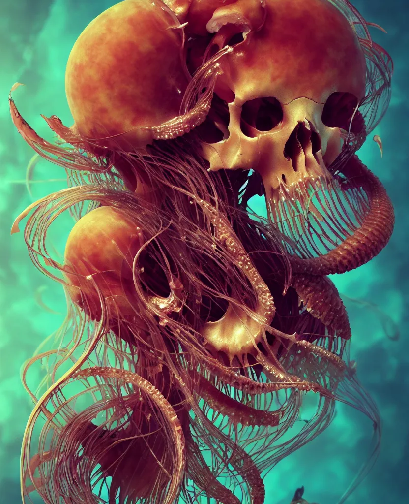 Image similar to goddess close-up portrait animal skull. jellyfish phoenix head, nautilus, orchid, skull, betta fish, bioluminiscent creatures, intricate artwork by Tooth Wu and wlop and beeple. octane render, trending on artstation, greg rutkowski very coherent symmetrical artwork. cinematic, hyper realism, high detail, octane render, 8k